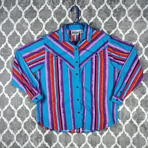 Rodeo Western Shirt Women L Multicolor Stripe Cotton Retro Cowgirl Boho Festival